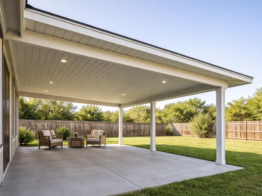 Wide view of a finished single-slope 20x20 patio cover with posts and neatly installed roofing