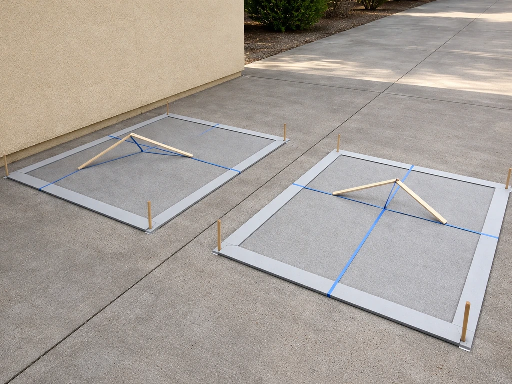 Minimal job-site scene showing a sketched 20x20 patio cover layout for attached lean-to vs freestanding.