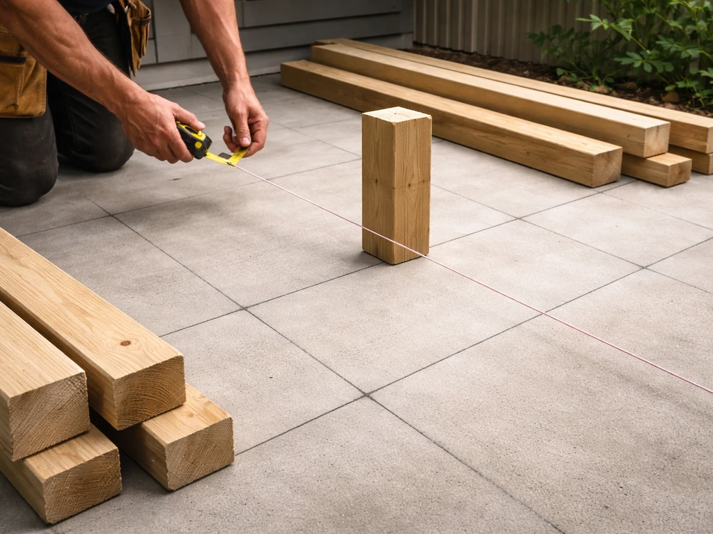 String-line and tape-measure framing grid on a concrete slab with lumber pieces and a vertical post segment.