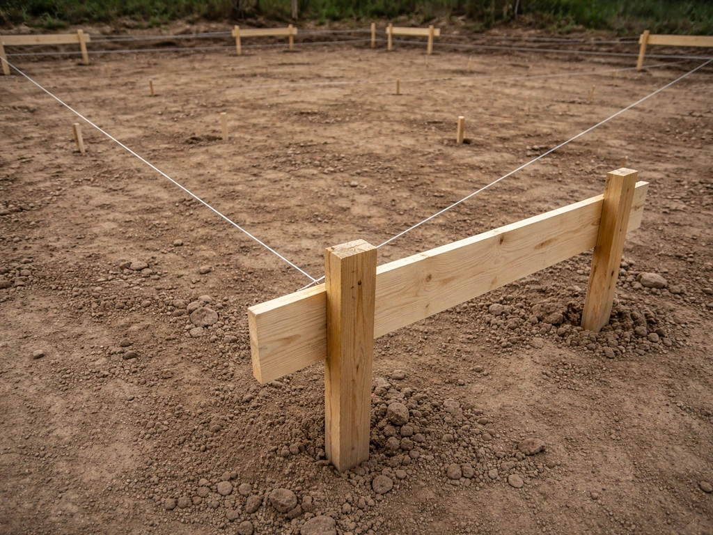 Batter boards with taut string lines marking exact post locations in a 20x20 grid on bare ground