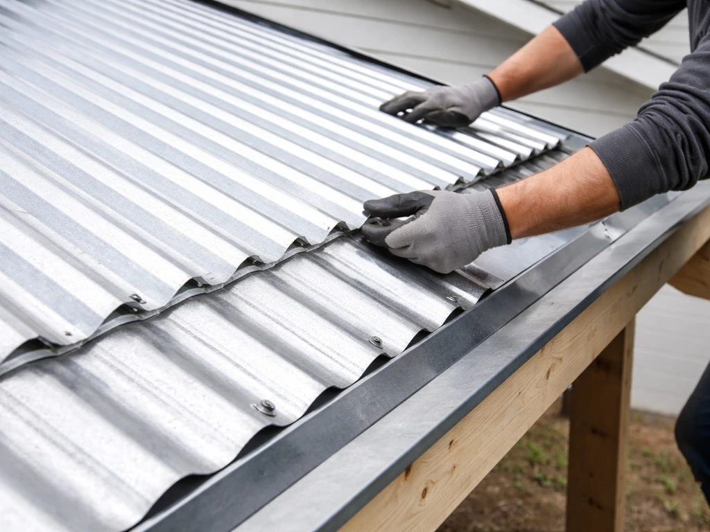 Roofer installing corrugated metal panels at the eave with flashing, showing lapped seams and sealant.