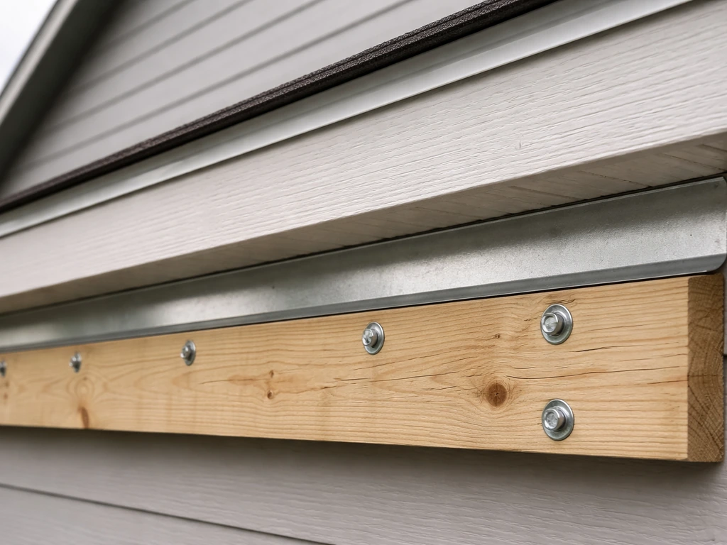 House exterior with a patio cover ledger fastened to the fascia and flashing detail along the roof edge.