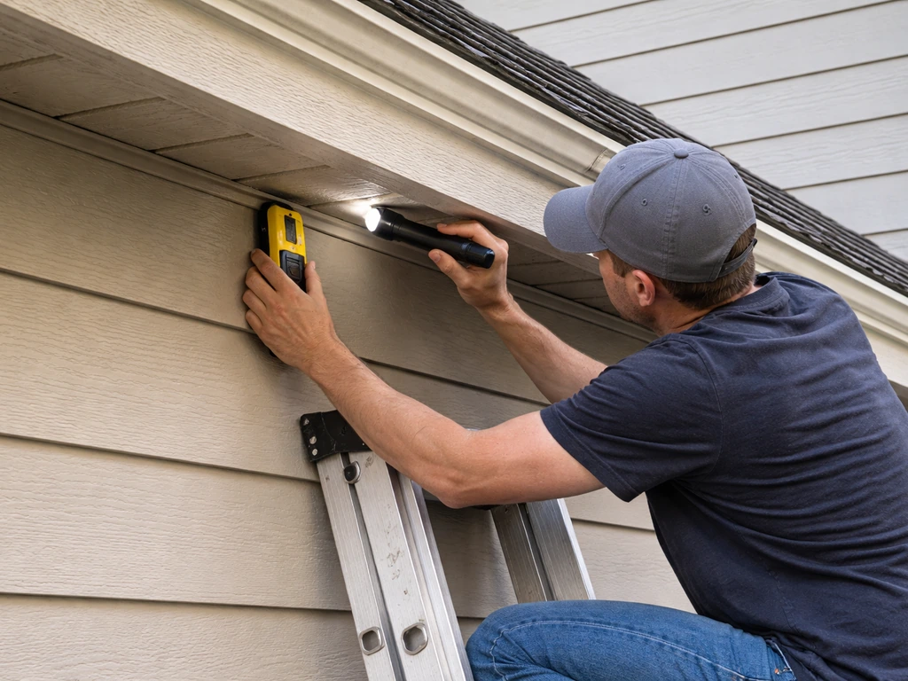 Person using a stud finder and flashlight along a home roofline to check fascia attachment placement