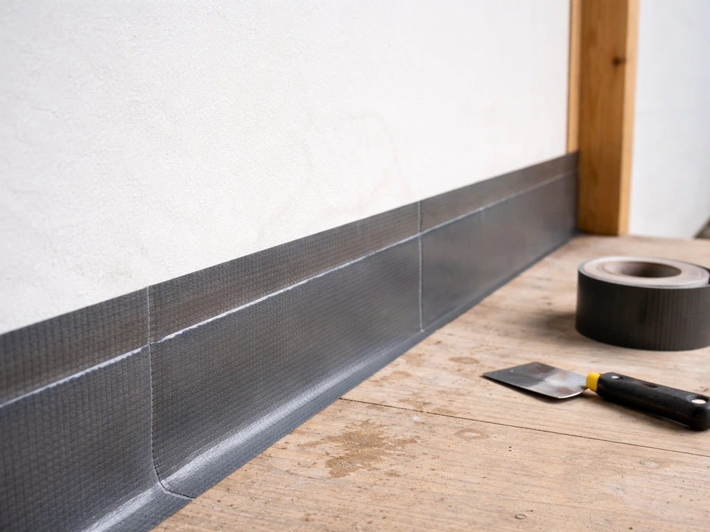 Flashing tape applied neatly along a building wall behind where a ledger board will attach.