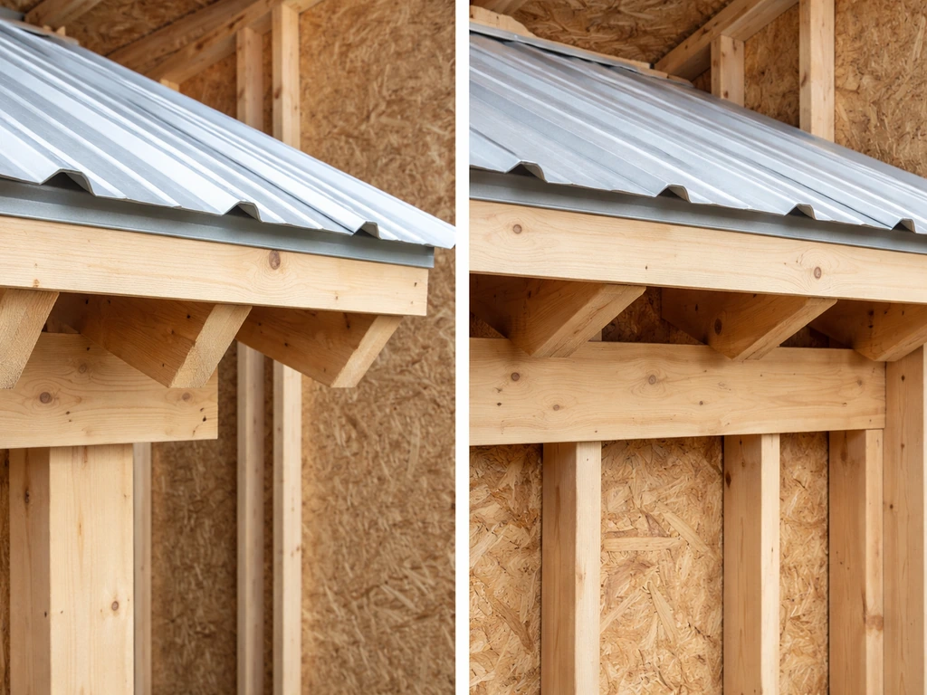Minimal side-by-side photo of two roof cover attachment methods: fascia tails vs wall ledger studs.