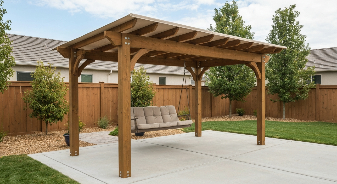 Photorealistic patio swing under a freestanding 4-post wood canopy with sloped fabric roof