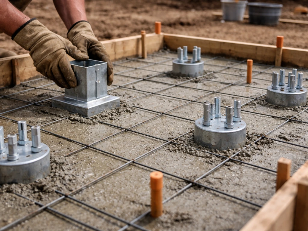 Fresh concrete footing forms with installed post bases and marked post locations at a construction site.