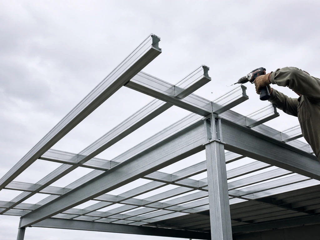 Worker installs aluminum purlins across roof posts and outer beam, ready for aluminum paneling