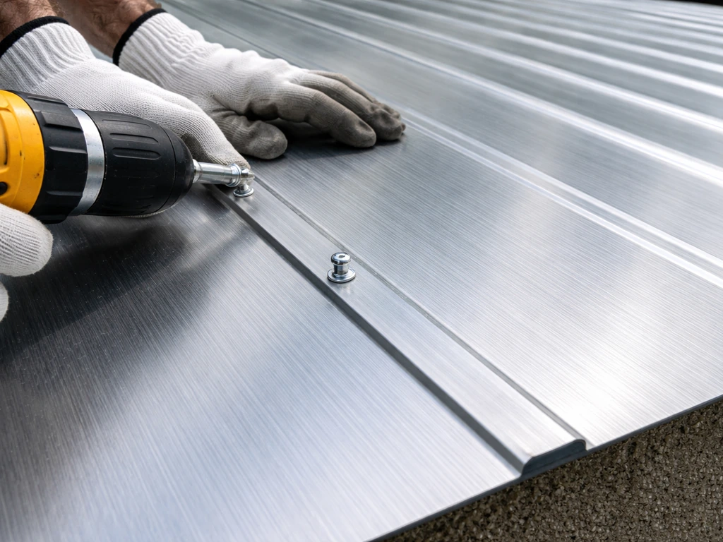 Close-up of aluminum roof panels with visible seam overlap and Tek screw fastening along the panel run.