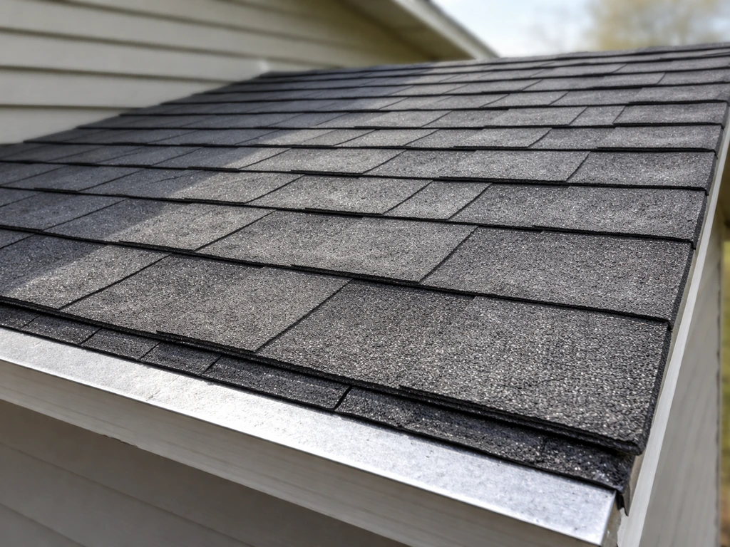 Newly installed patio roof shingles with visible eave flashing and clear bottom-to-top courses.