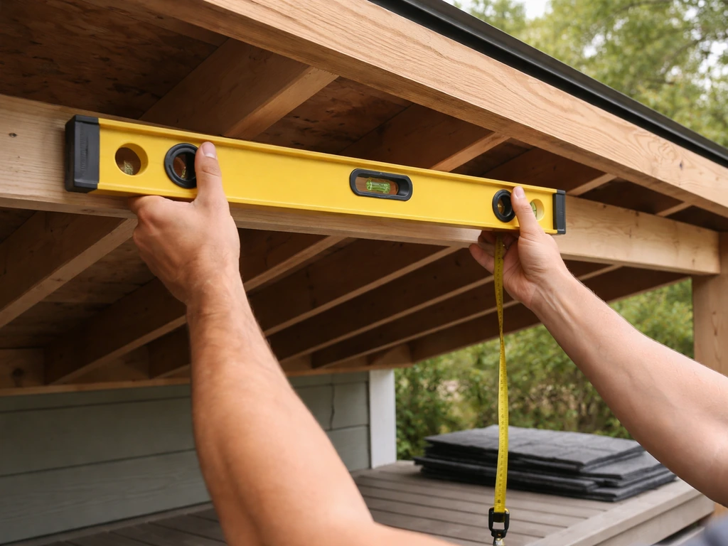 Person measuring patio roof pitch with a horizontal level on rafters