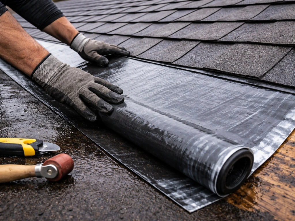 Gloved hands applying ice-and-water underlayment membrane on a low-slope roof area near the edge.