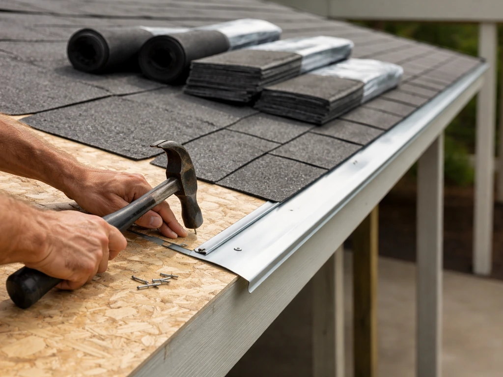 Installer hands nail eave drip edge and lay shingles with clear overlapping laps on a patio roof.