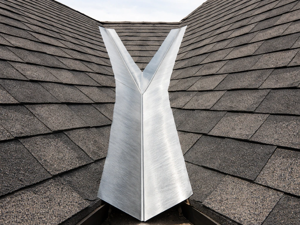 Close-up of a patio roof valley flashing with shingles lapped over the metal on both sides.