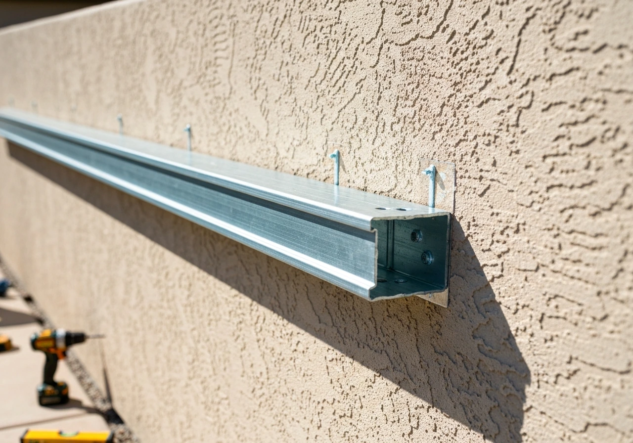 DIY patio cover beam aligned to a stucco wall with flashing and anchors for a leak-free attachment.