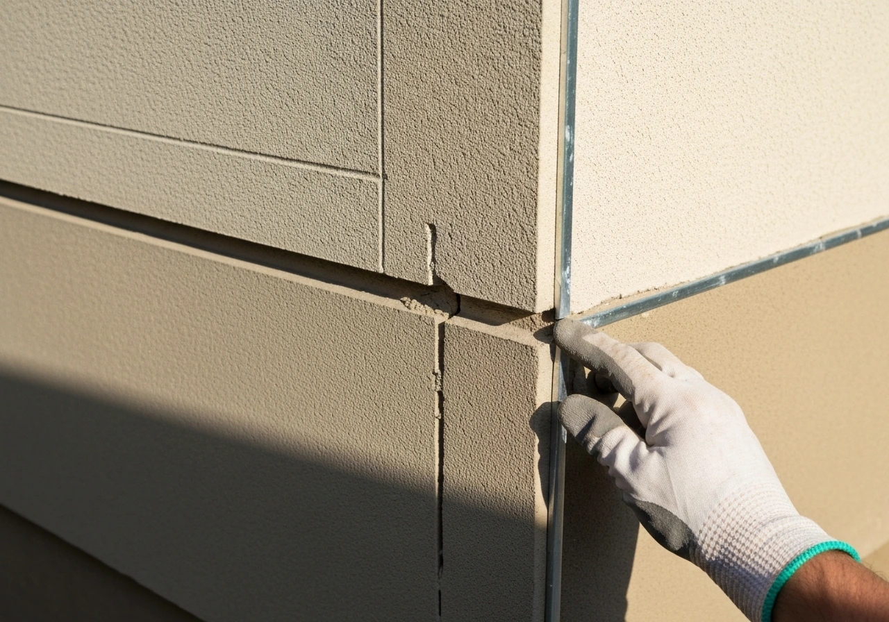 Close-up of stucco wall with hand inspecting a drain/standoff gap near the rim joist for leak prevention.