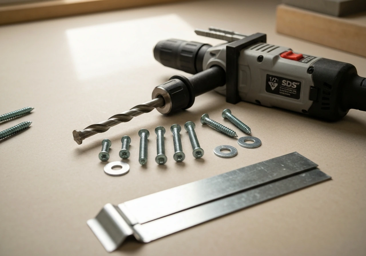 Rotary hammer drill with SDS masonry bit and assorted stucco anchors, screws, washers, and flashing pieces on a bench.