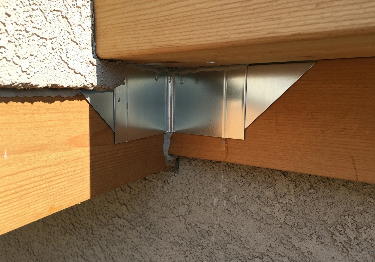 Close-up of stucco patio cover flashing with correct overlap and sealant above a wood ledger, water-shedding detail.
