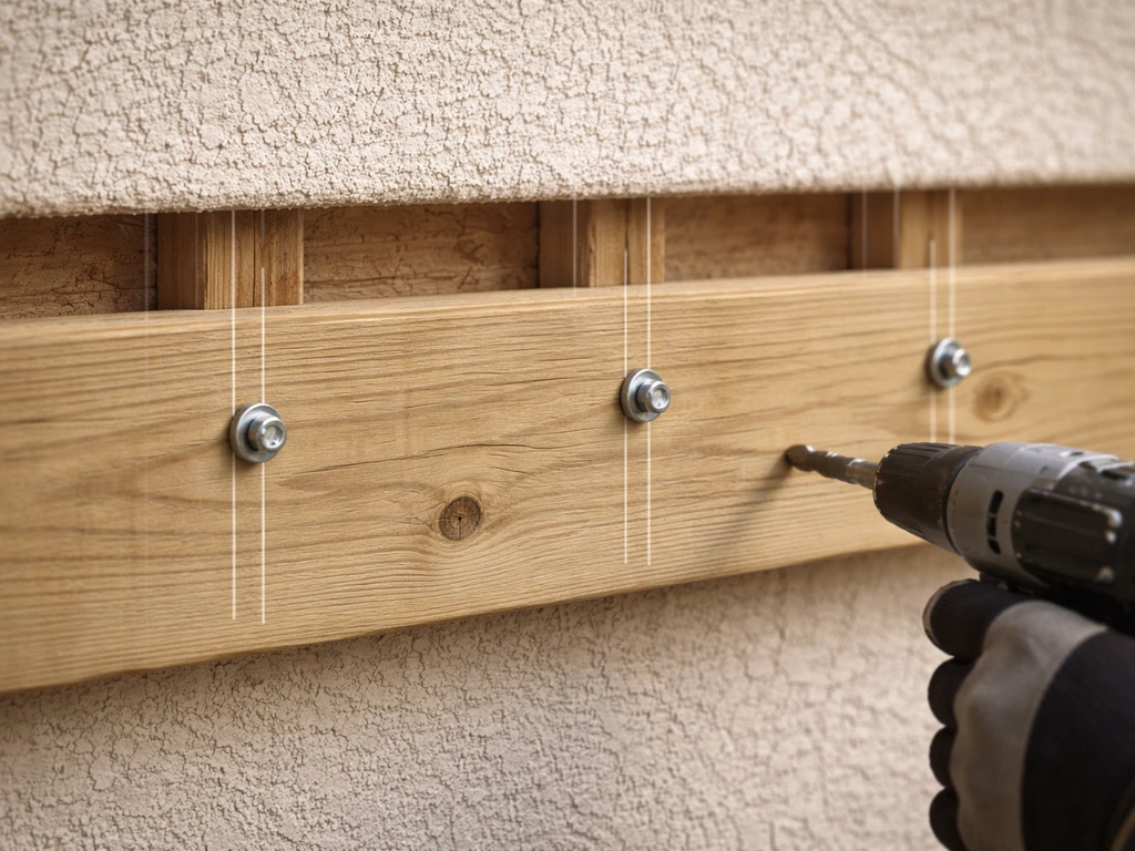 Close-up of lag screws fastening a patio cover ledger into framing behind stucco, with spacing cues overlay.