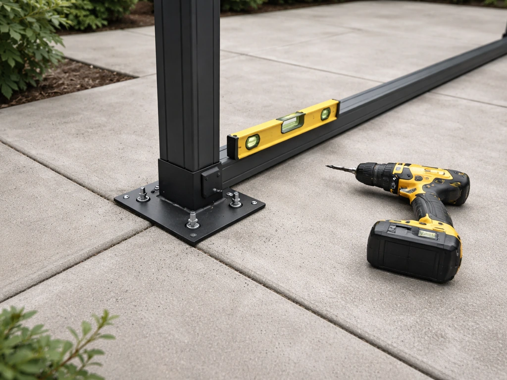 Gazebo base secured to a patio with metal anchors, level tool in use, minimal DIY setup.