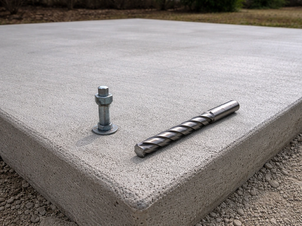 Close-up of a poured concrete patio slab with a single anchor point and a drill bit nearby.