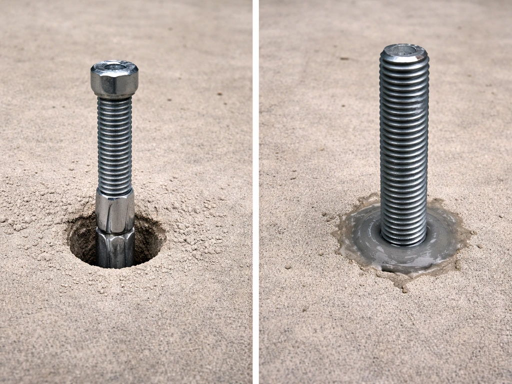 Close-up side-by-side view of wedge anchor vs epoxy anchor installed in drilled concrete holes.