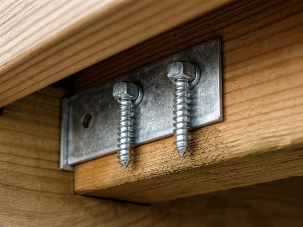 Lag screws fastening a deck bracket into wood framing/joists under a deck board, showing proper anchoring.