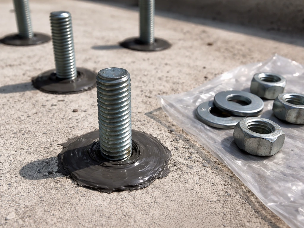 Concrete anchor bolts sealed with sealant, corrosion-resistant hardware in a clean protective setting.