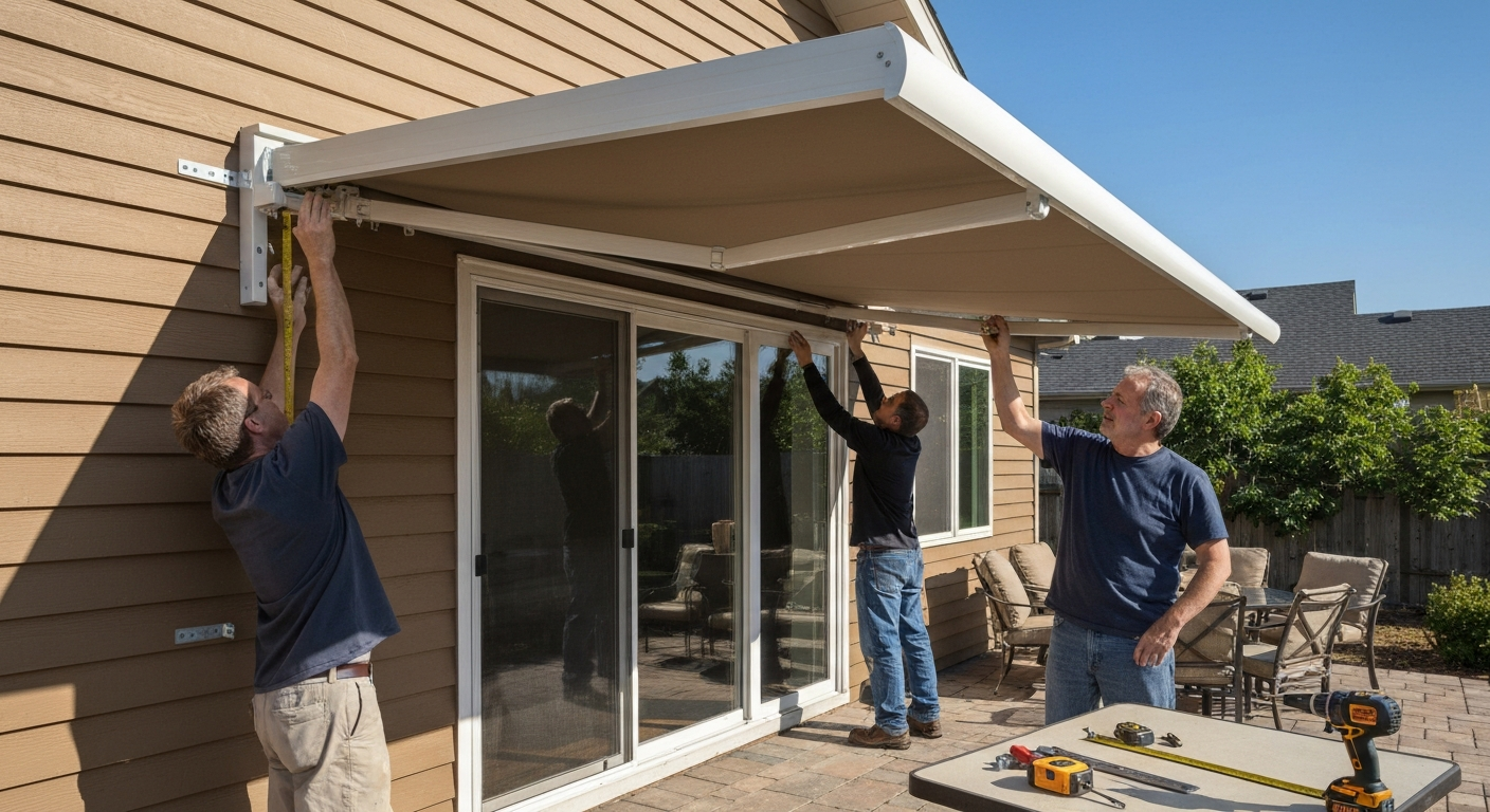 Homeowner and helper installing a wall-mounted retractable awning over a patio; awning extended and helper checking bracket level.