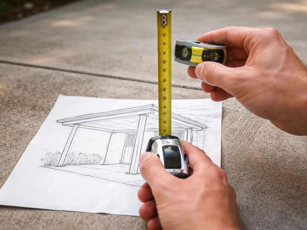 Close-up of a tape measure and level over a simple patio cover sketch with soffit height notes