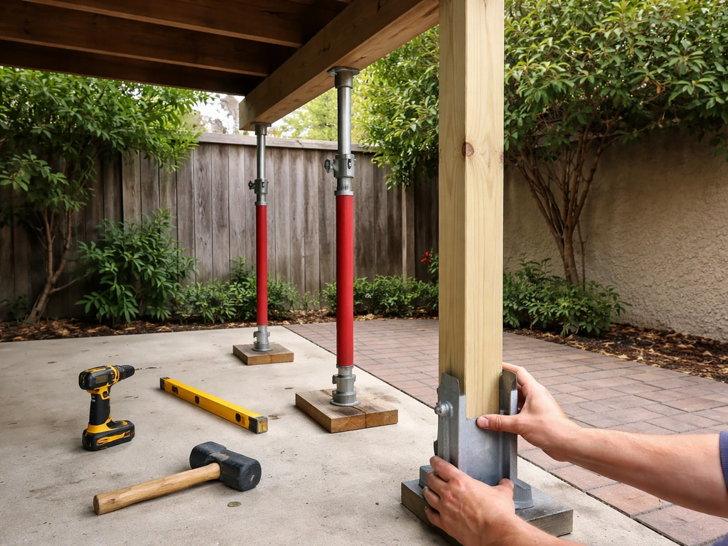 Taller patio cover posts being installed with older posts temporarily supported on a residential patio