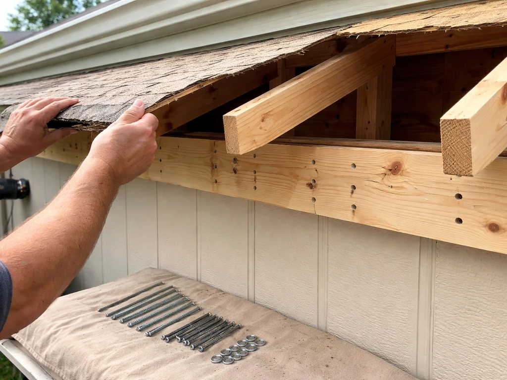 Hands remove patio roof to expose framing at a ledger connection point, ready for raising.