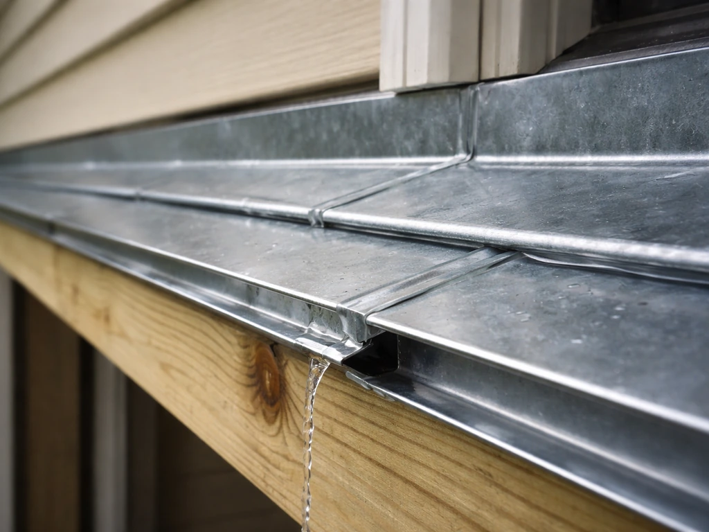 Close-up of patio roof ledger wall flashing layers with sealant beads and a draining water path