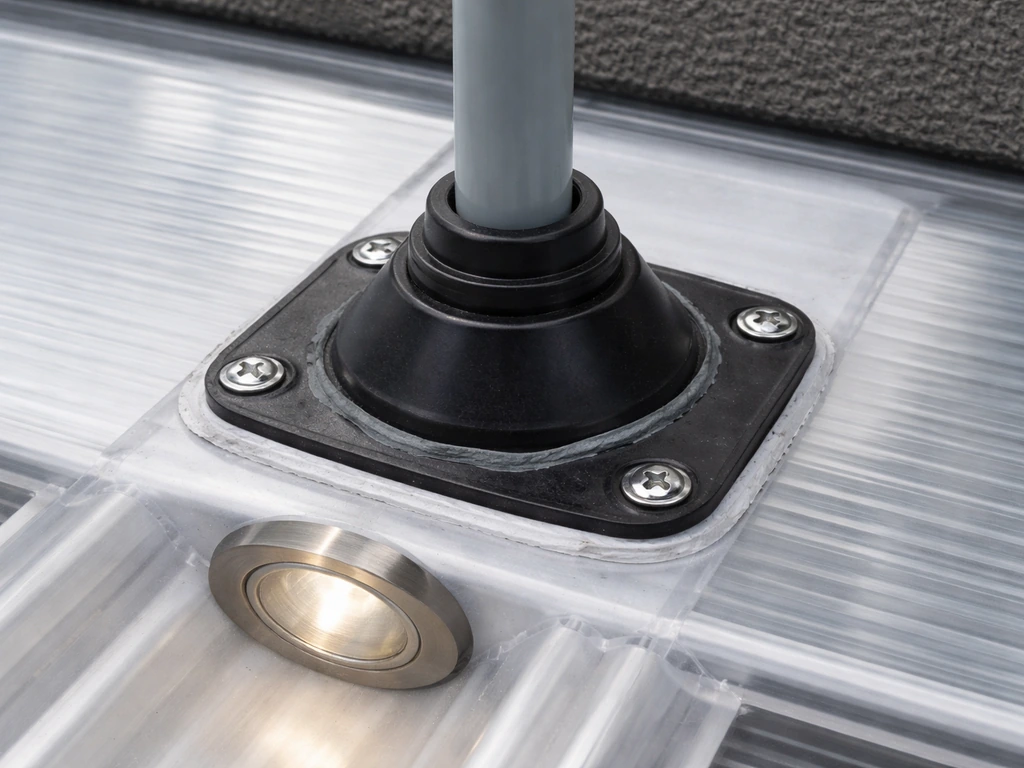Close-up of a roof-rated flashing boot sealed around an electrical conduit penetration in a raised roof panel.
