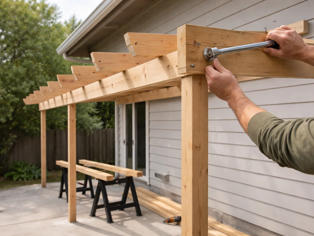 Unfinished lean-to patio cover frame over a backyard patio with hands tightening a bolt.