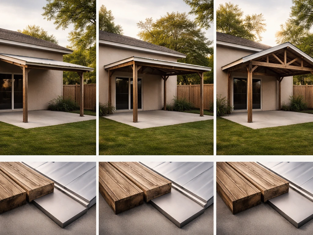 Minimal side-by-side view of three DIY patio cover styles and two material options on anonymous backyards