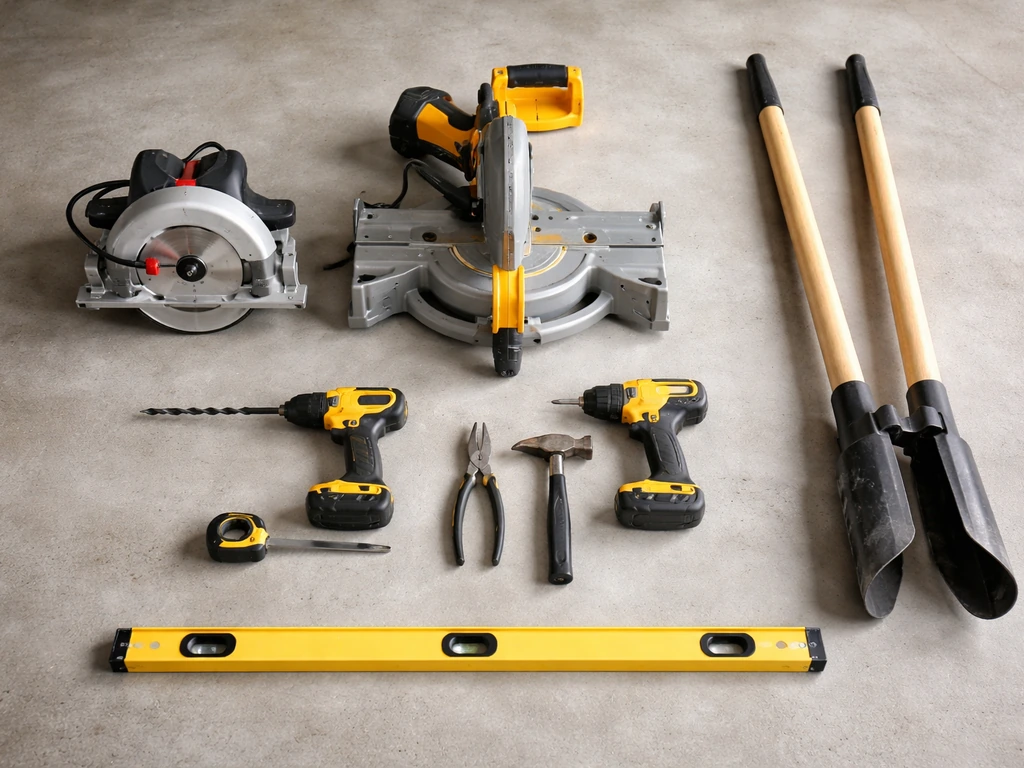 Tools arranged neatly: circular saw, miter saw, drill/driver, impact driver, post hole digger, and a level.