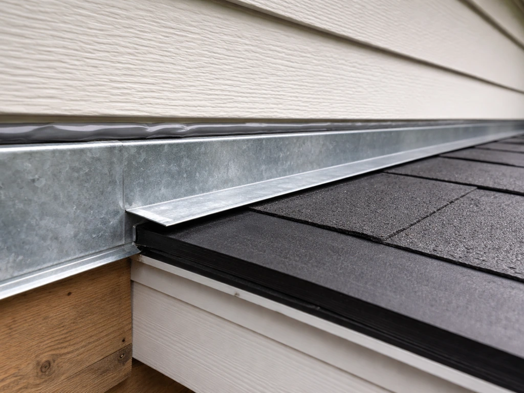 Close-up of flashing and sealant at a house wall roofing junction with overlapping water-shedding layers.