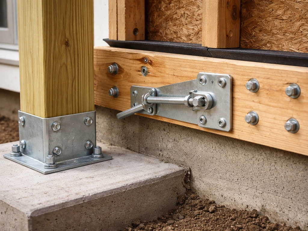 Close-up of an anchored post base, plumb timber posts, and a properly flashed ledger with tension ties