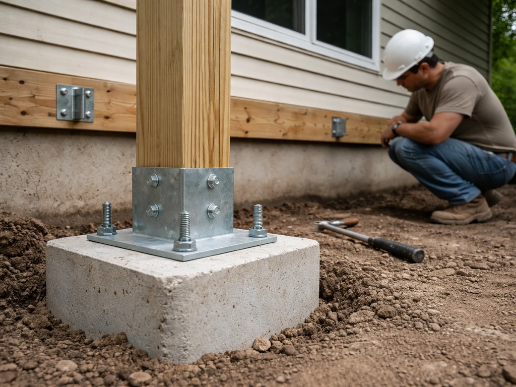 Construction crew installing concrete footings and attaching patio posts with structural brackets