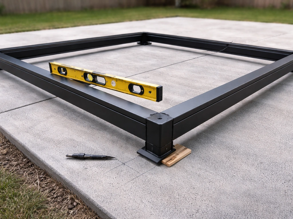 Leveled gazebo base on a concrete patio with shims at a low corner and anchor points ready for drilling.