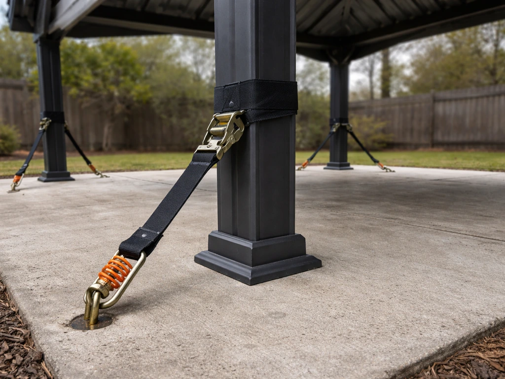 Close-up of heavy-duty gazebo anchoring straps and stakes on the ground with a solid roof in wind.
