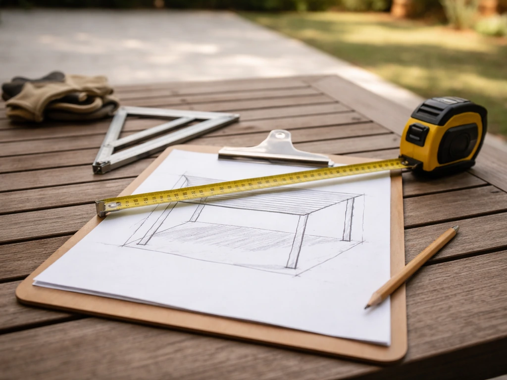 Tape measure and pencil beside an open plan sketch on a clipboard on a patio table.