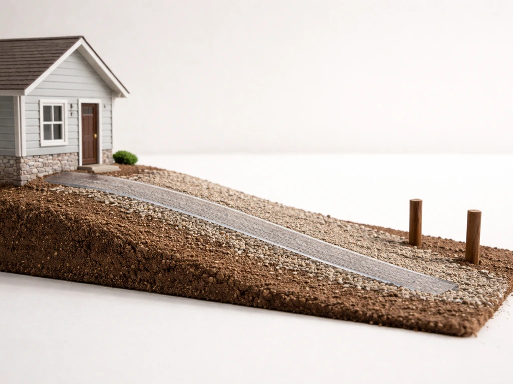 Simple side view showing a slope from a high point near a house to a low point at outer posts for drainage.