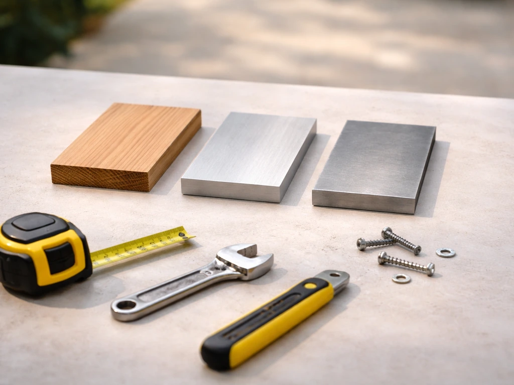 Hand tools beside three material samples—wood, aluminum, and steel—for comparing patio shade components.