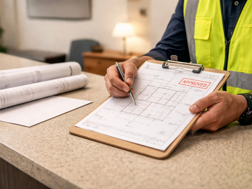 Anonymous inspector reviewing blank patio permit plan at a municipal building counter.