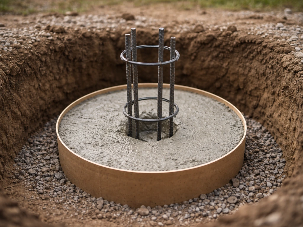 Concrete footing setup with augered hole, rebar cage, form, and a partially poured base for a fence post.