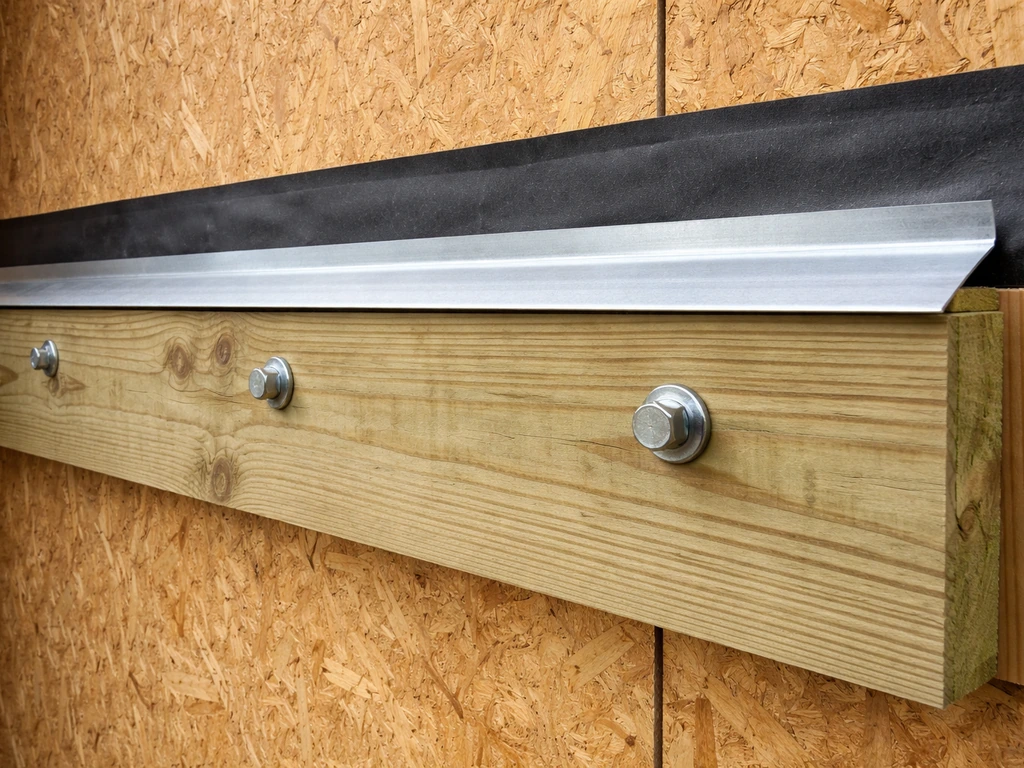 Close-up of a roof ledger board bolted to a house wall with flashing and drip edge waterproofing details.