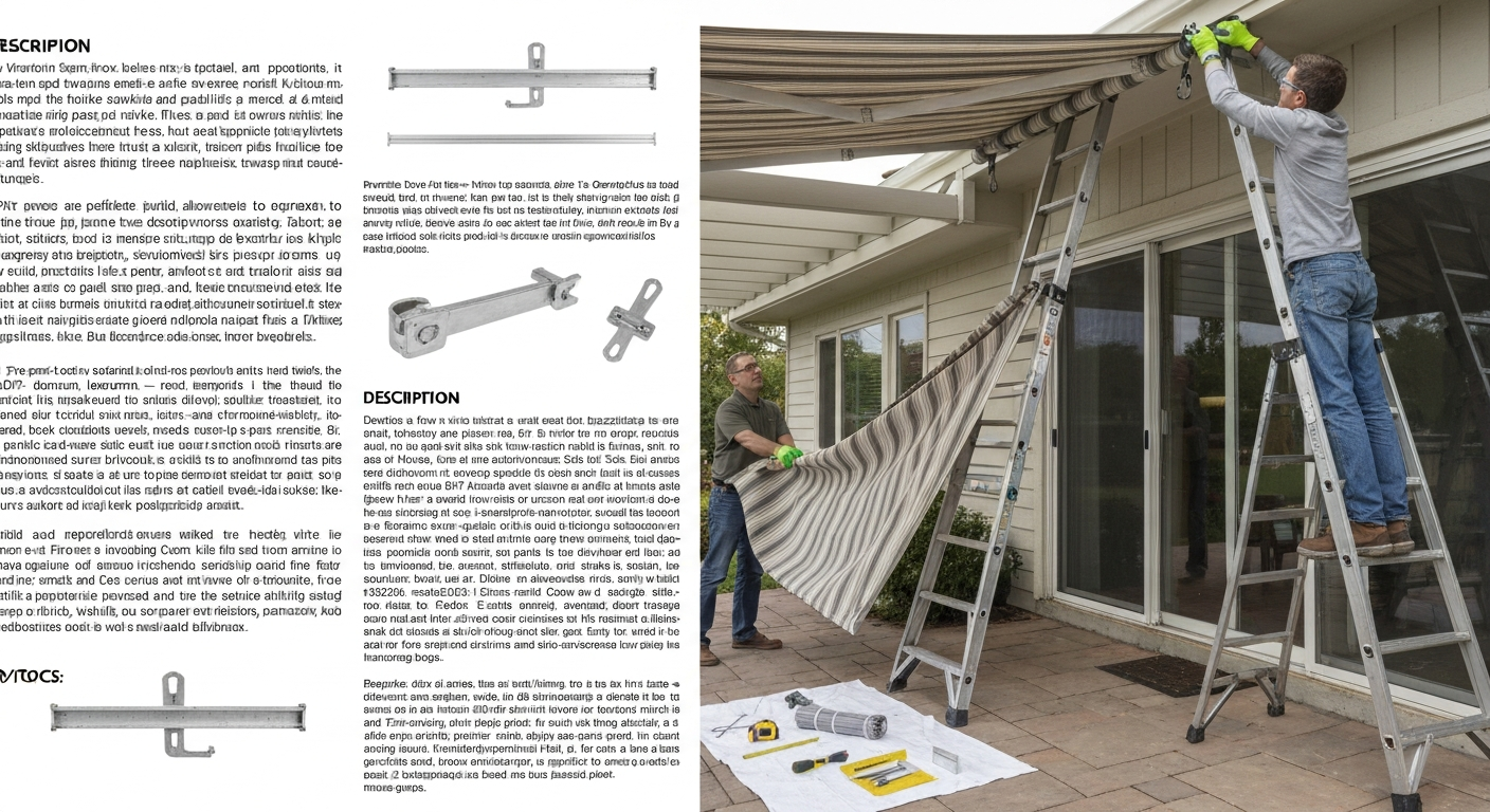 Homeowner on ladder feeding new awning fabric into wall track while helper holds fabric below.