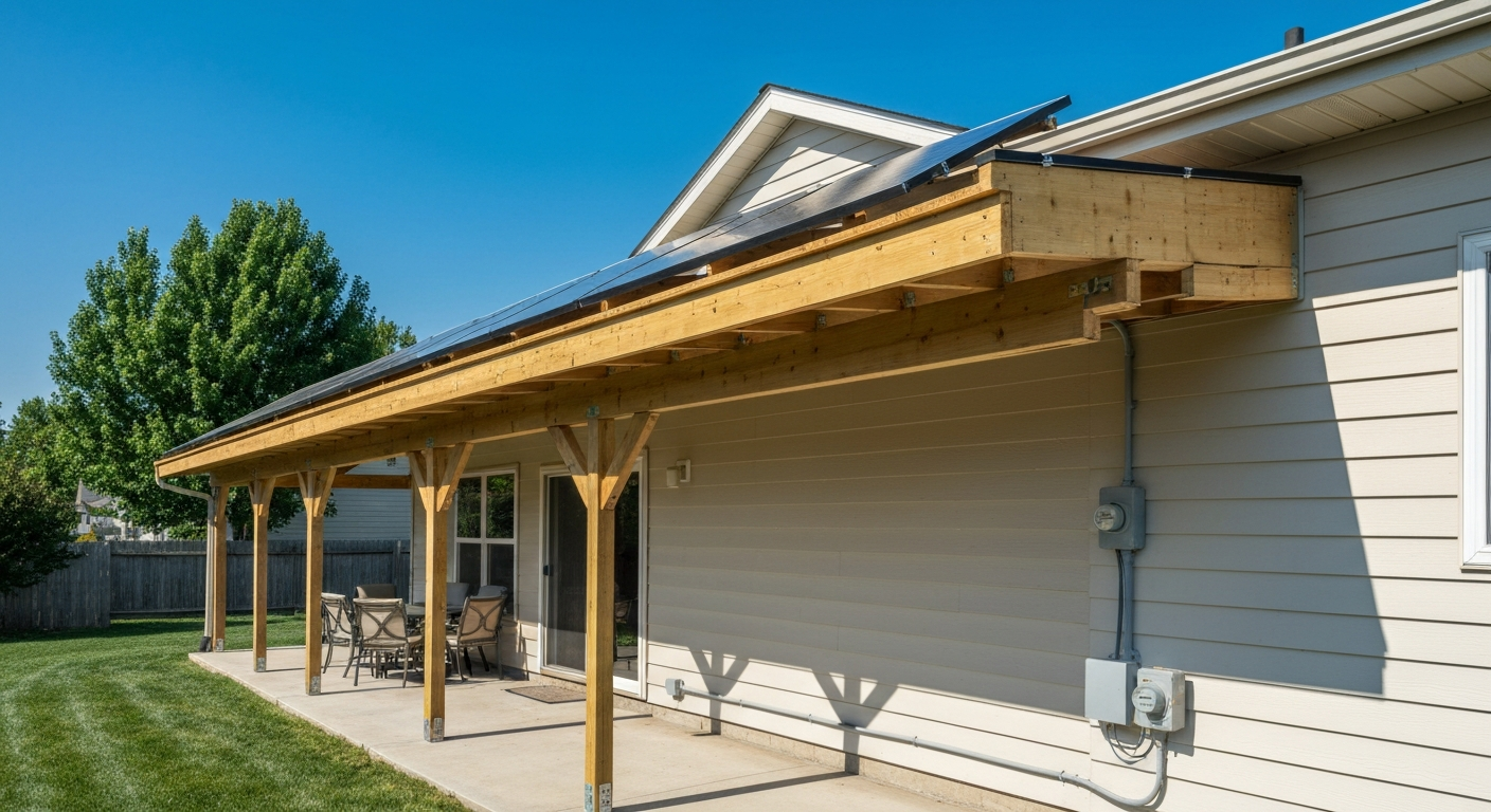 Photorealistic photo of a completed lean-to solar panel patio cover attached to a house, showing PV panels, wood framing, ledger flashing, and tidy conduit to the meter.